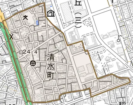 清水町とその周辺の地図。町の範囲を重ねている