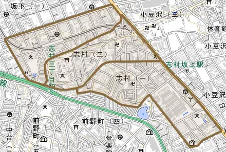 志村とその周辺の地図。町の範囲を重ねている