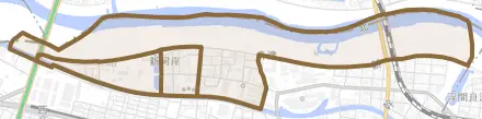 新河岸とその周辺の地図。町の範囲を重ねている