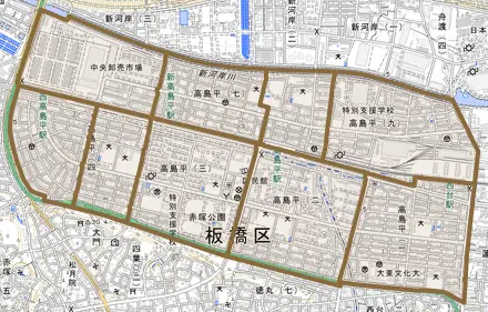 高島平とその周辺の地図。町の範囲を重ねている