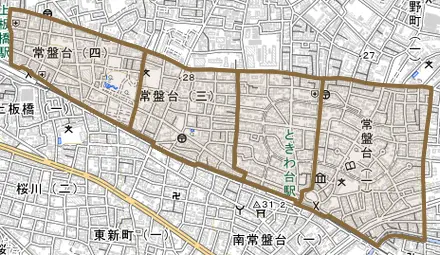 常盤台とその周辺の地図。町の範囲を重ねている