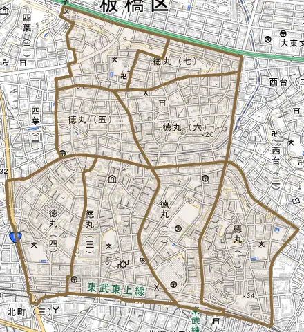 徳丸とその周辺の地図。町の範囲を重ねている