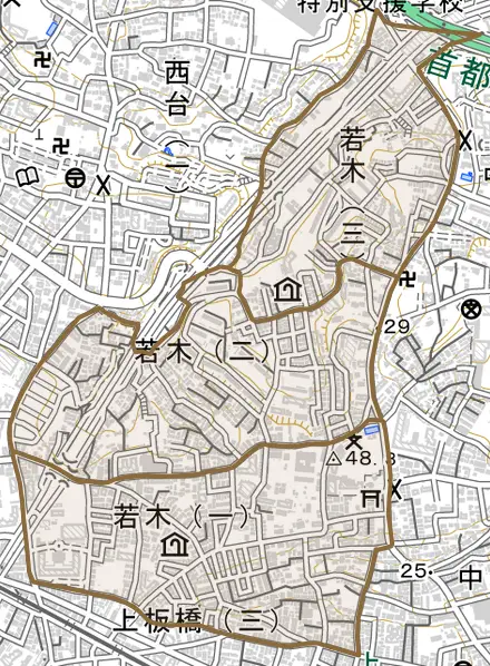 若木とその周辺の地図。町の範囲を重ねている