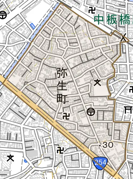 弥生町とその周辺の地図。町の範囲を重ねている