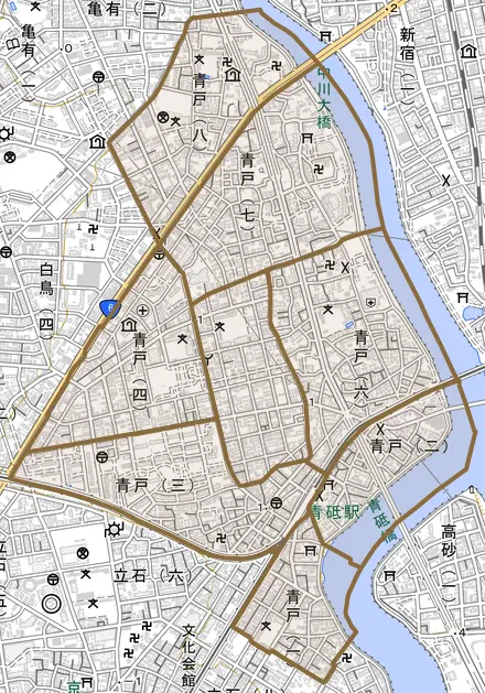 青戸とその周辺の地図。町の範囲を重ねている