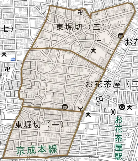 東堀切とその周辺の地図。町の範囲を重ねている