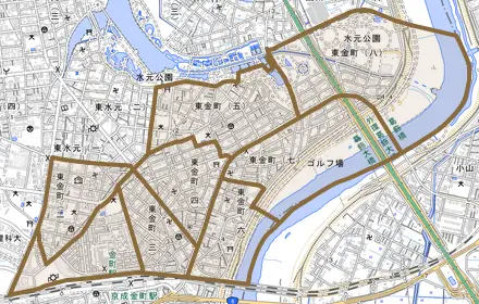 東金町とその周辺の地図。町の範囲を重ねている