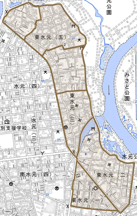 東水元とその周辺の地図。町の範囲を重ねている