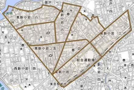 東新小岩とその周辺の地図。町の範囲を重ねている