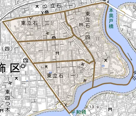 東立石とその周辺の地図。町の範囲を重ねている