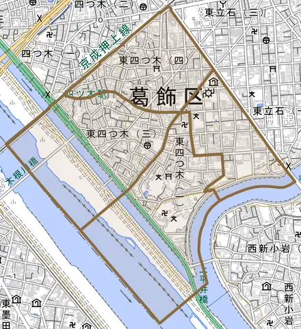 東四つ木とその周辺の地図。町の範囲を重ねている