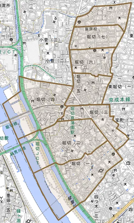 堀切とその周辺の地図。町の範囲を重ねている