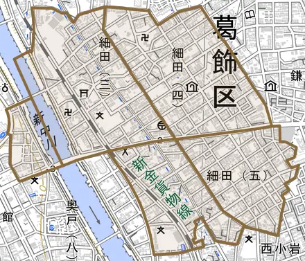 細田とその周辺の地図。町の範囲を重ねている