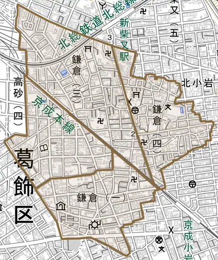 鎌倉とその周辺の地図。町の範囲を重ねている