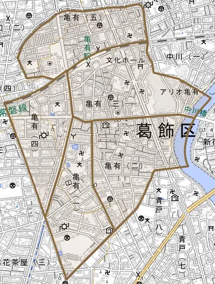 亀有とその周辺の地図。町の範囲を重ねている