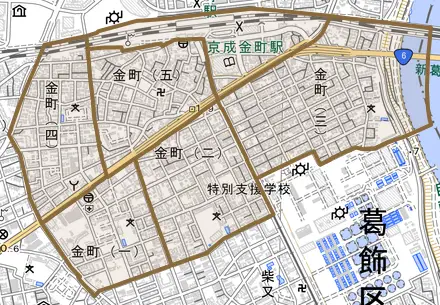 金町とその周辺の地図。町の範囲を重ねている