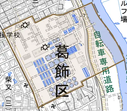 金町浄水場とその周辺の地図。町の範囲を重ねている