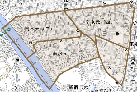 南水元とその周辺の地図。町の範囲を重ねている