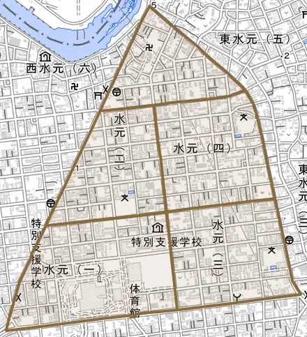 水元とその周辺の地図。町の範囲を重ねている
