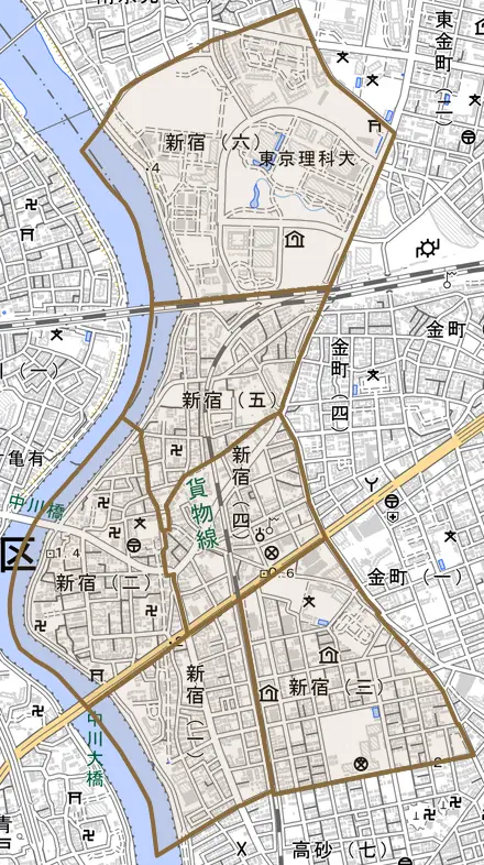 新宿とその周辺の地図。町の範囲を重ねている