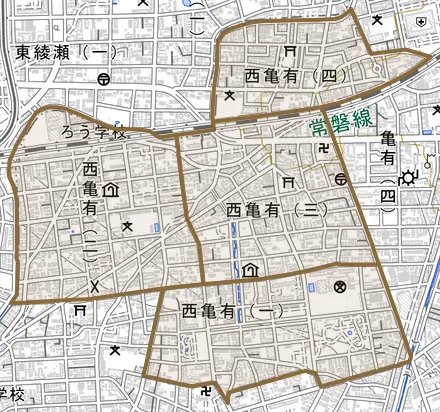 西亀有とその周辺の地図。町の範囲を重ねている