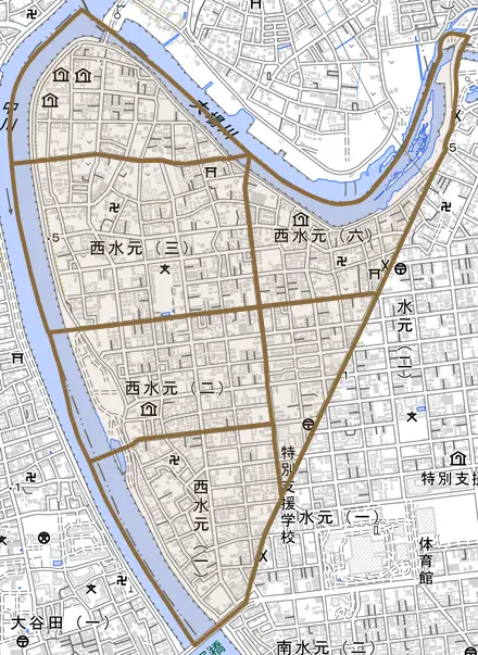 西水元とその周辺の地図。町の範囲を重ねている