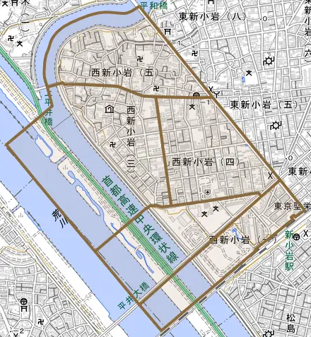 西新小岩とその周辺の地図。町の範囲を重ねている