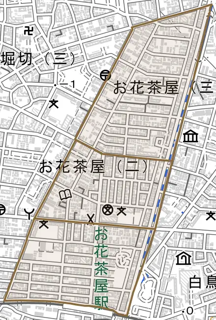 お花茶屋とその周辺の地図。町の範囲を重ねている