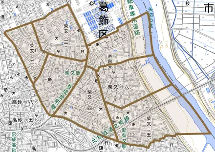 柴又とその周辺の地図。町の範囲を重ねている