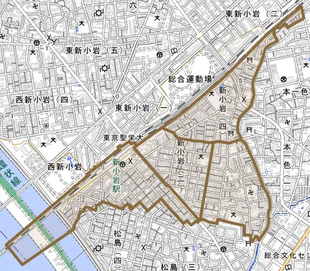 新小岩とその周辺の地図。町の範囲を重ねている