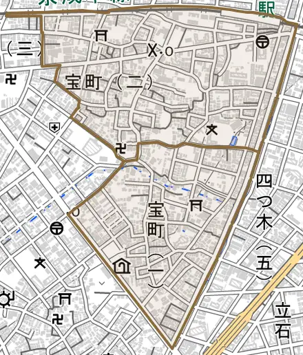 宝町とその周辺の地図。町の範囲を重ねている