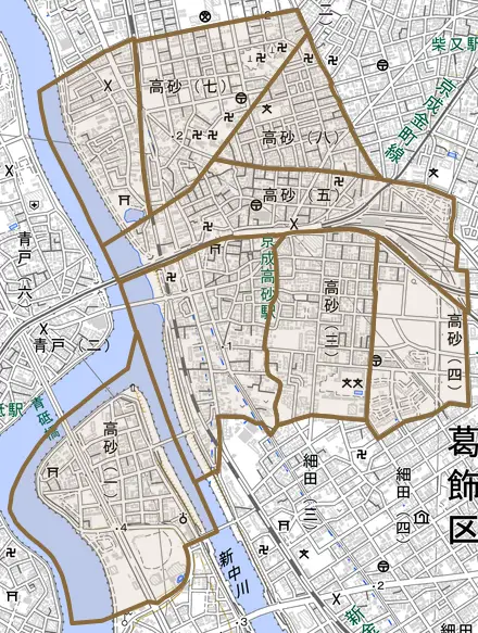 高砂とその周辺の地図。町の範囲を重ねている