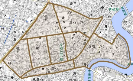 立石とその周辺の地図。町の範囲を重ねている