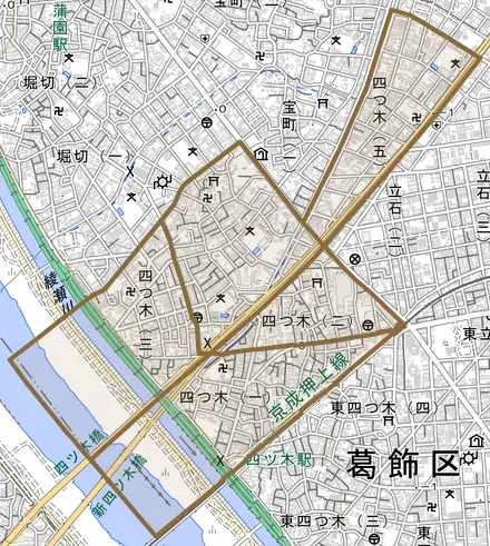 四つ木とその周辺の地図。町の範囲を重ねている