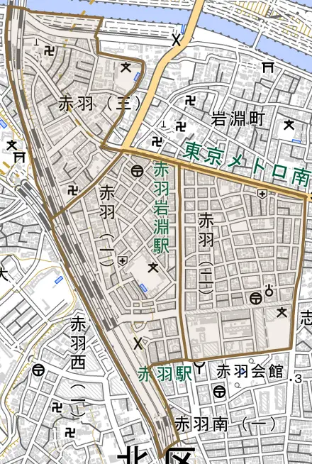 赤羽とその周辺の地図。町の範囲を重ねている