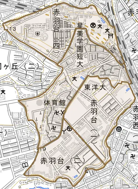 赤羽台とその周辺の地図。町の範囲を重ねている