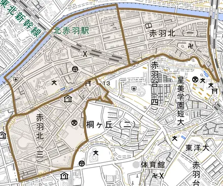 赤羽北とその周辺の地図。町の範囲を重ねている