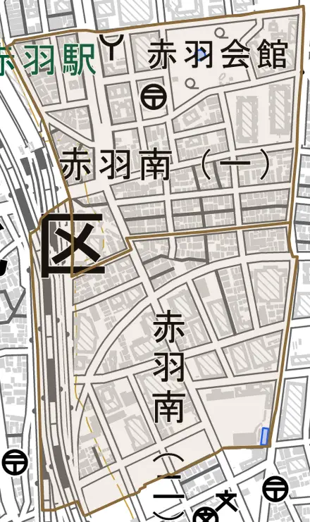 赤羽南とその周辺の地図。町の範囲を重ねている