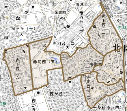 赤羽西とその周辺の地図。町の範囲を重ねている