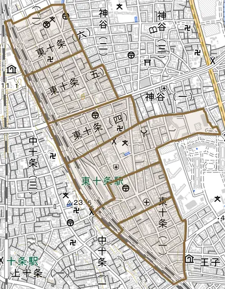 東十条とその周辺の地図。町の範囲を重ねている