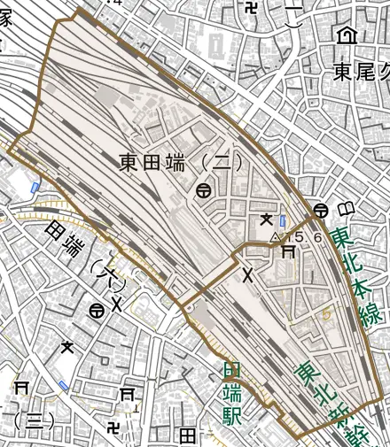 東田端とその周辺の地図。町の範囲を重ねている