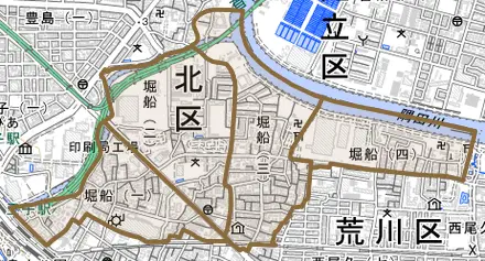 堀船とその周辺の地図。町の範囲を重ねている