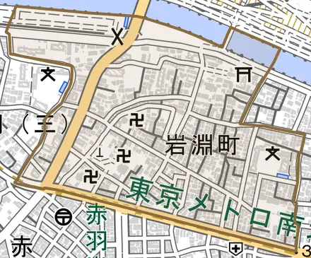 岩淵町とその周辺の地図。町の範囲を重ねている