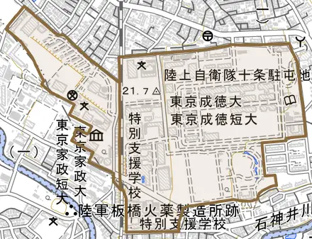 十条台とその周辺の地図。町の範囲を重ねている