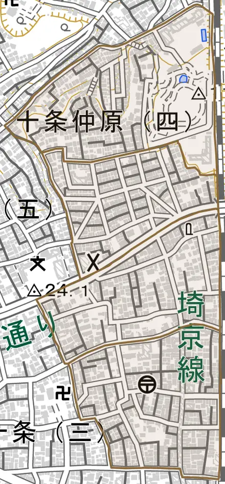 十条仲原とその周辺の地図。町の範囲を重ねている