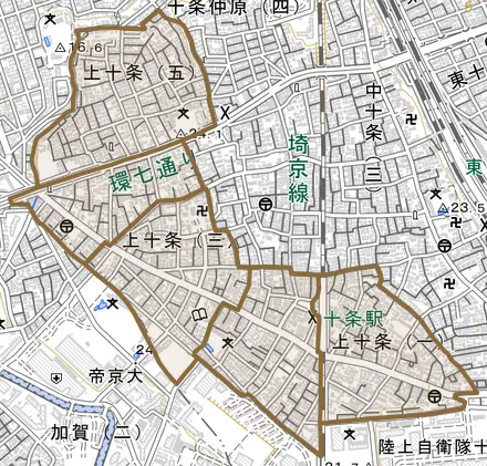 上十条とその周辺の地図。町の範囲を重ねている