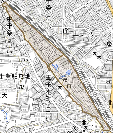 岸町とその周辺の地図。町の範囲を重ねている