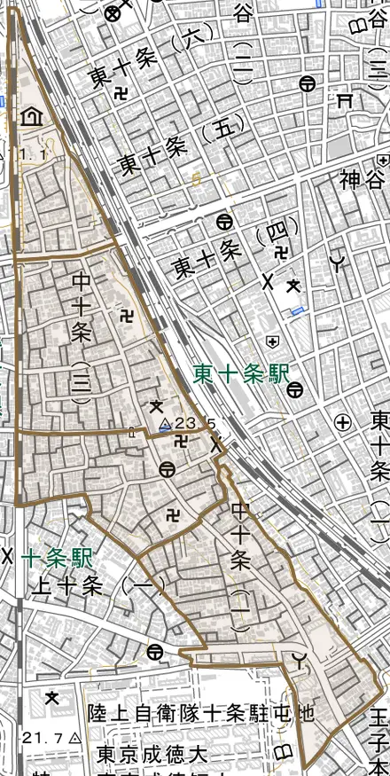 中十条とその周辺の地図。町の範囲を重ねている