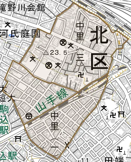中里とその周辺の地図。町の範囲を重ねている