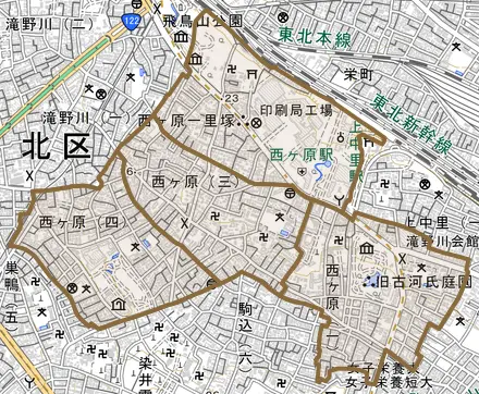 西ケ原とその周辺の地図。町の範囲を重ねている